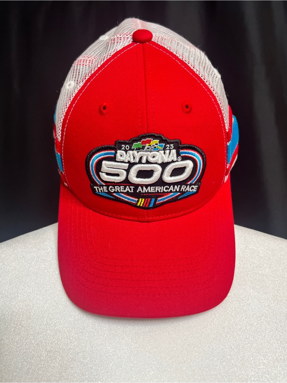 NASCAR 2023 Daytona 500 Red White & Blue Mesh Trucker Cap Hat with Racing Stripe